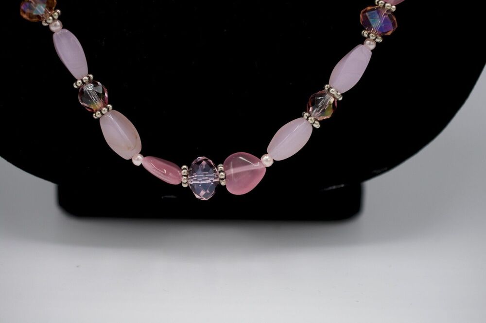 Vintage Crystal Necklace Strand Genuine Pink Cabochon Sparkling 41" 1980s Bin3